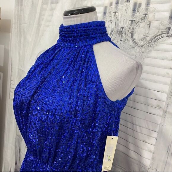 Eliza J Size 8 Blue Halter High Neck Sleeveless Sequin Blouson Dress Cocktail - Picture 5 of 6